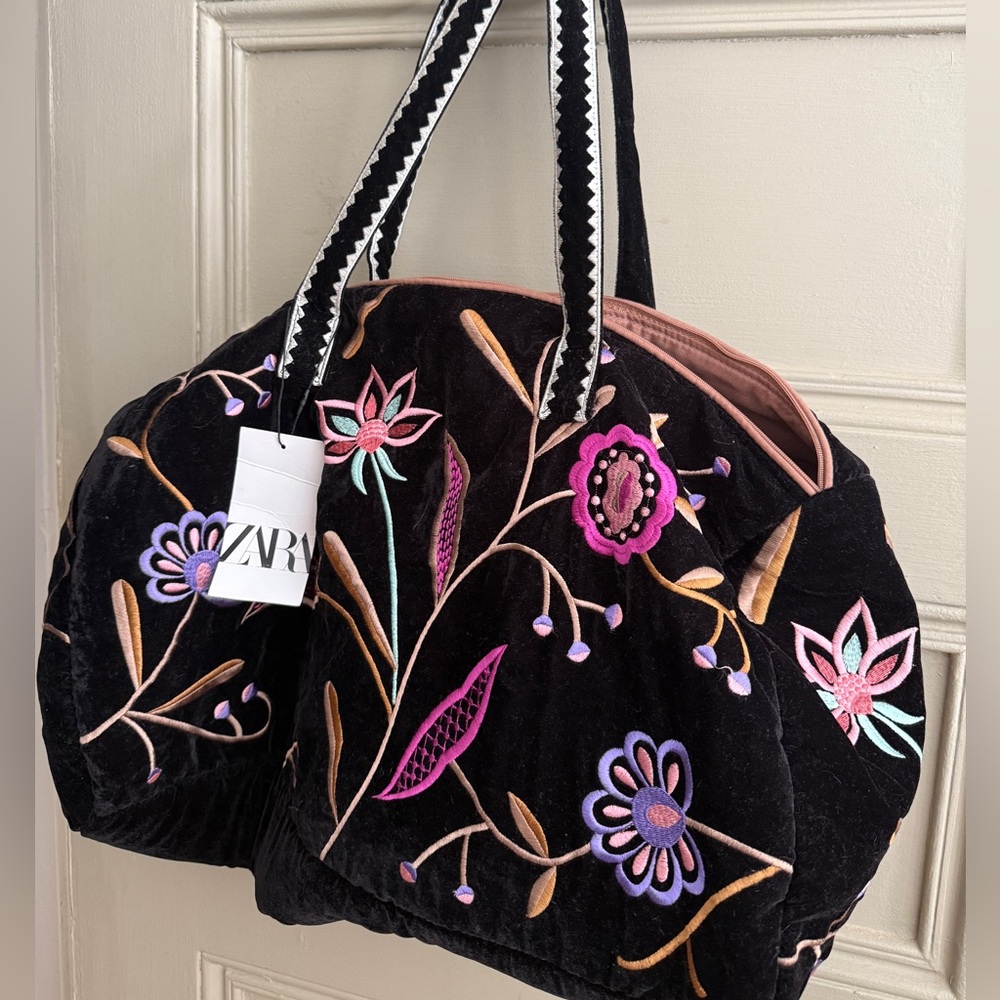 Zara Black and Pink Floral Tote Bag